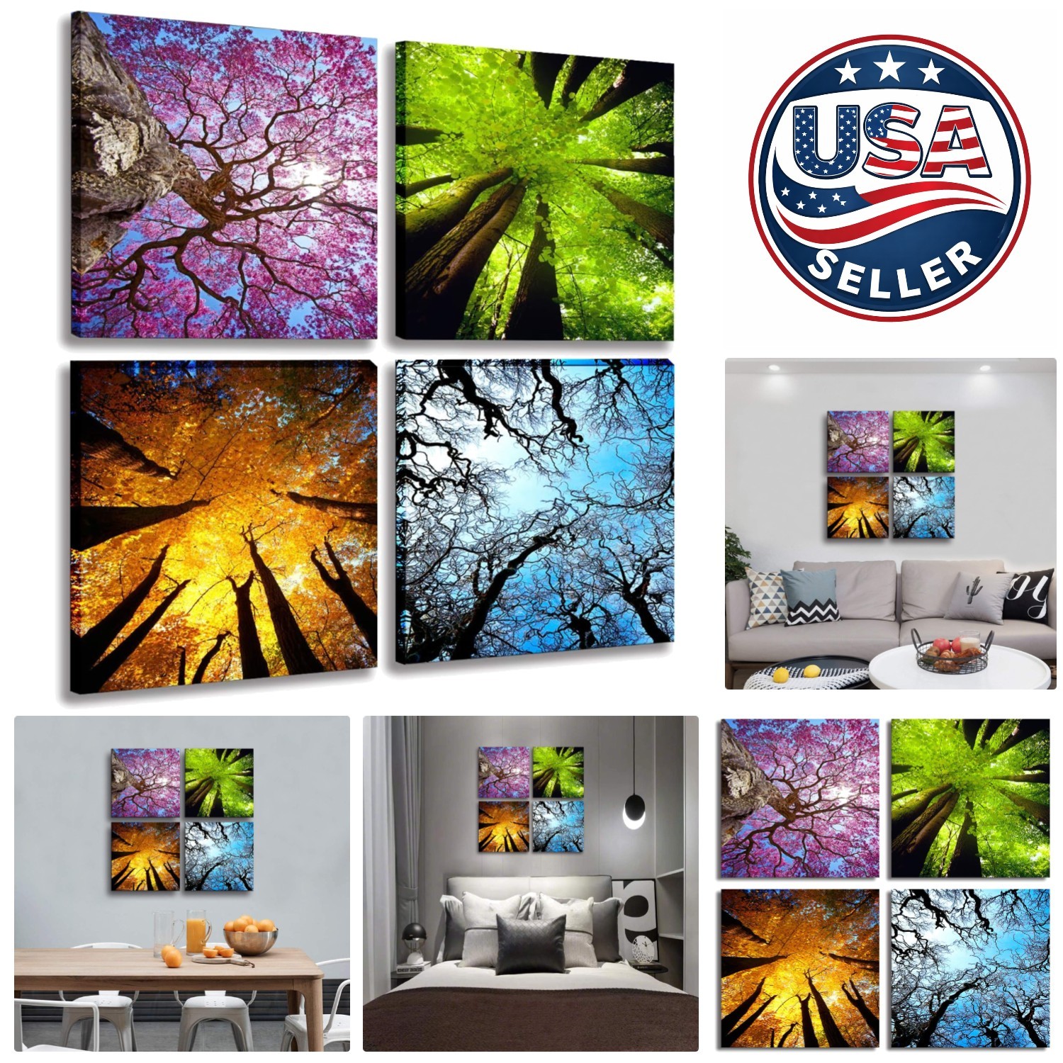 Elegant 4-Panel Four Seasons Tree Canvas Art – Nature Wall Decor 12x12in