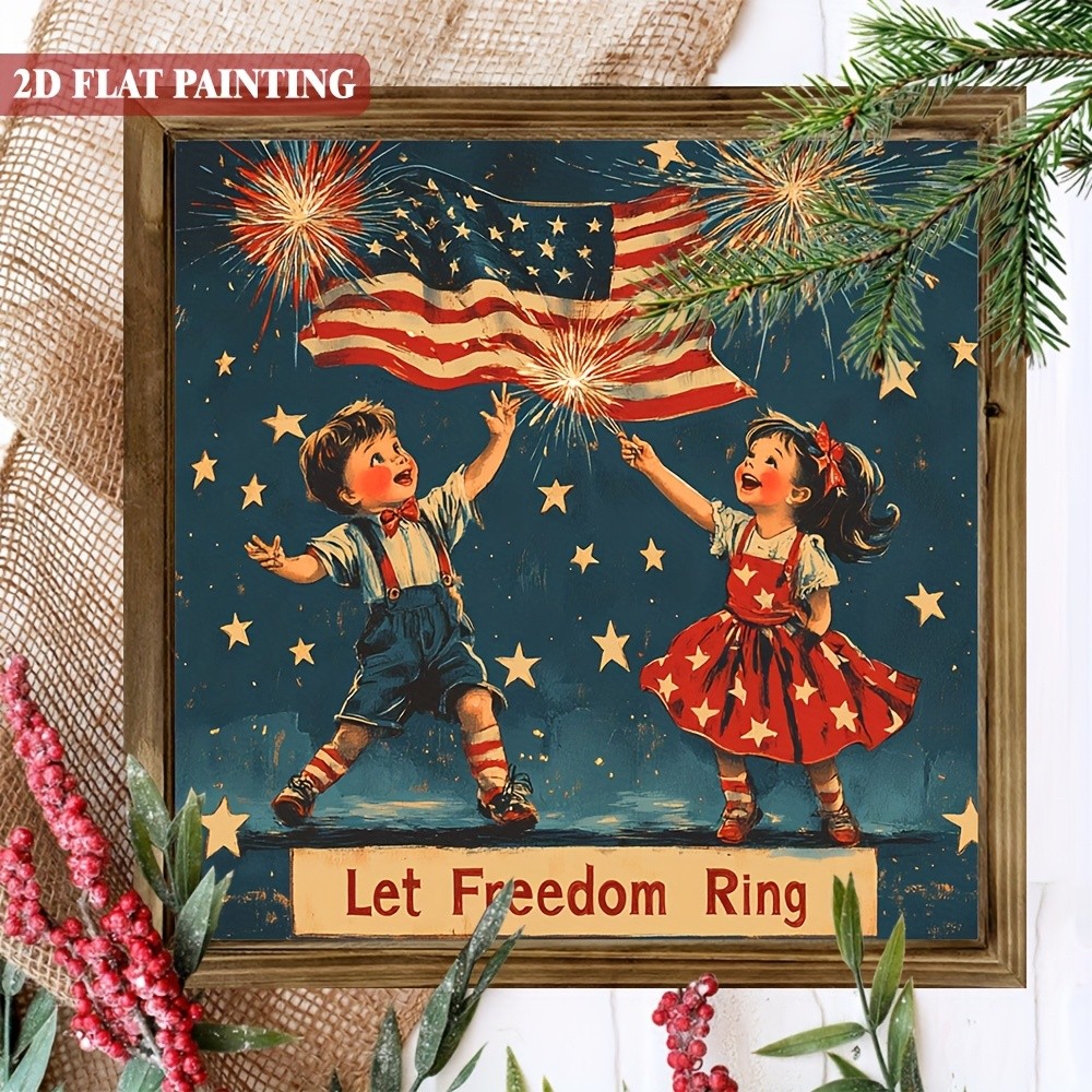 Let Freedom Ring Kids Fireworks Wooden Plaque 4th of July Patriotic Wall Decor