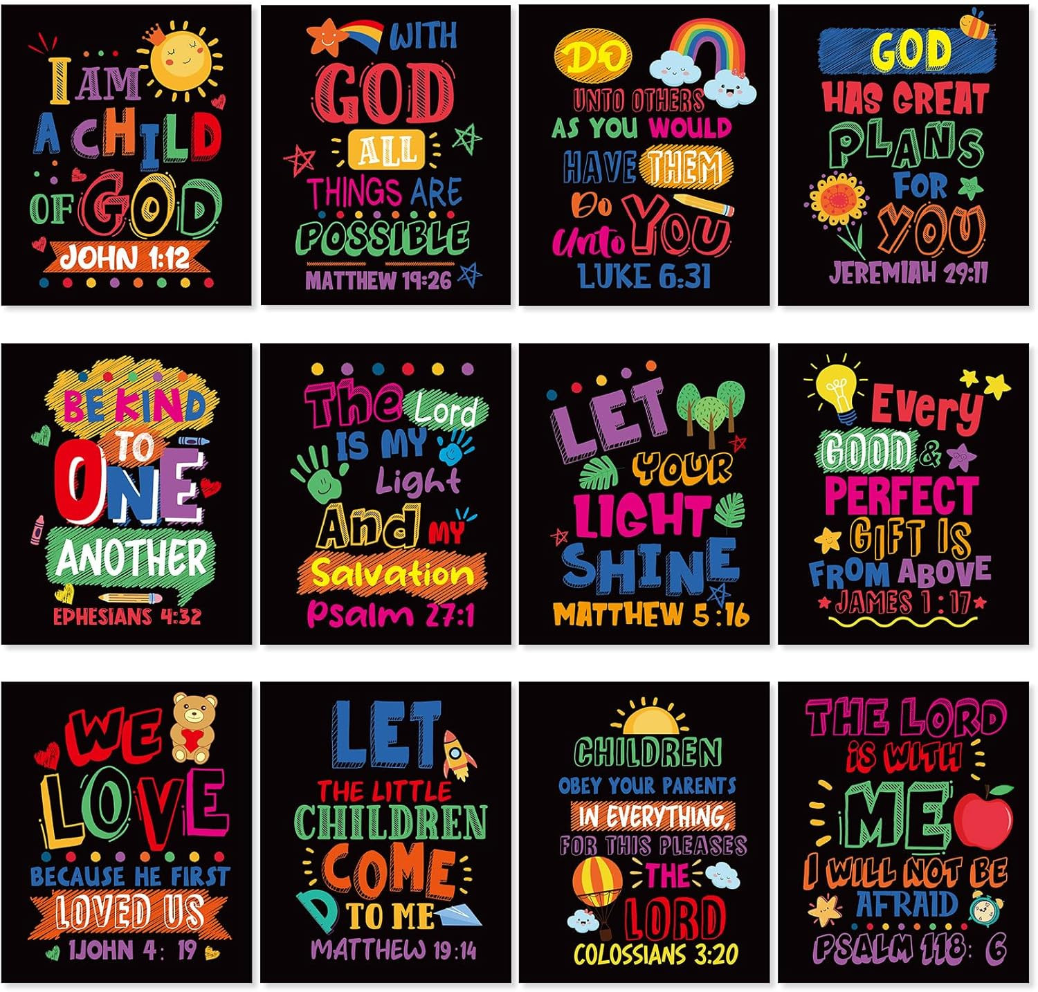 12 Pcs Bible Verse Posters for Kids，Inspirational Christian Wall Art with Script