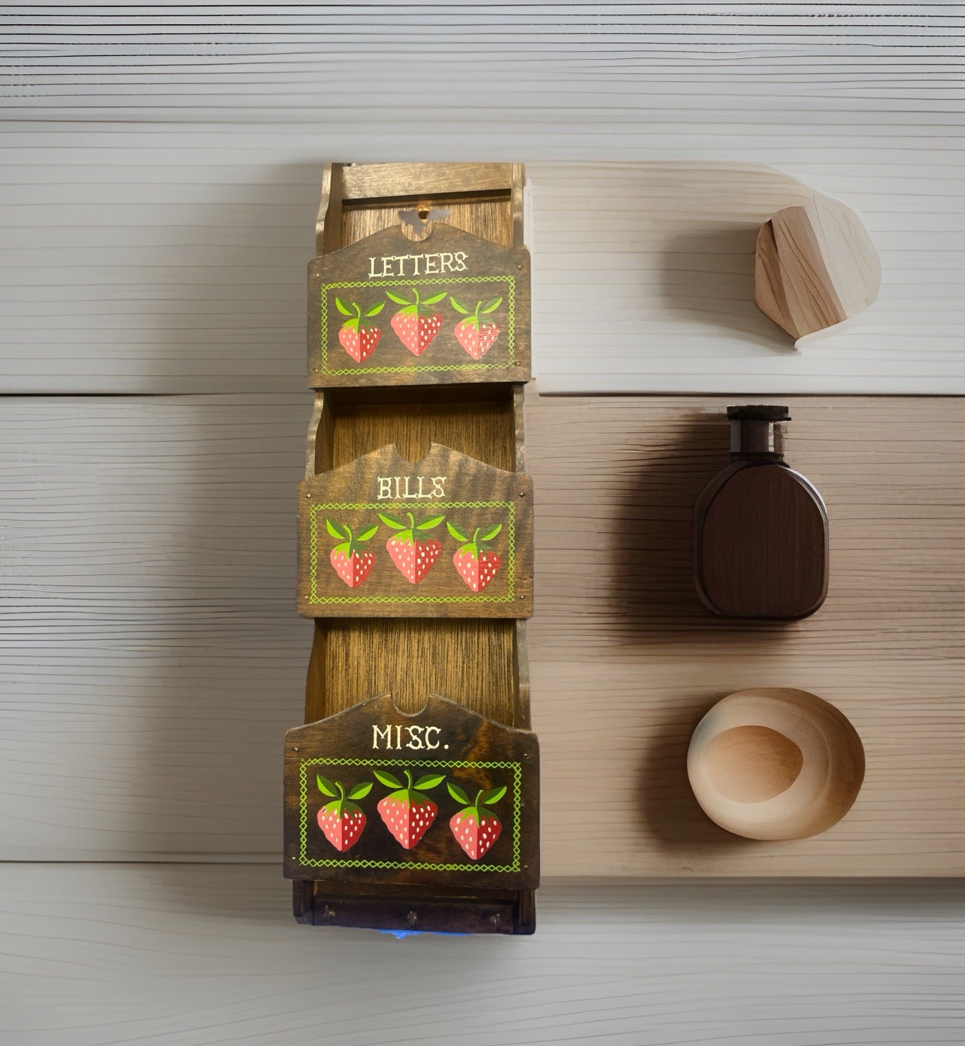 Vintage 80s Goodwood Wooden Strawberry Mail Organizer Key Holder Wall 3 Tie