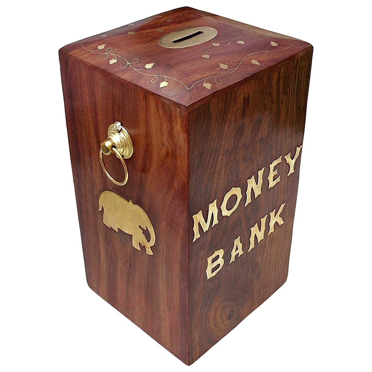 Handcrafted Wooden Piggy Bank – Medium Size Money Savings Jar for Kids & Adult
