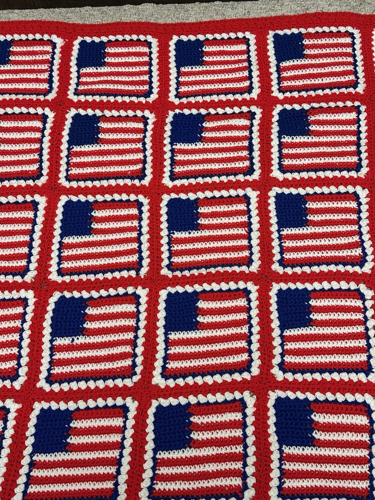 Vintage Handmade Afghan Crochet Blanket Quilt Granny Square American Flag Red