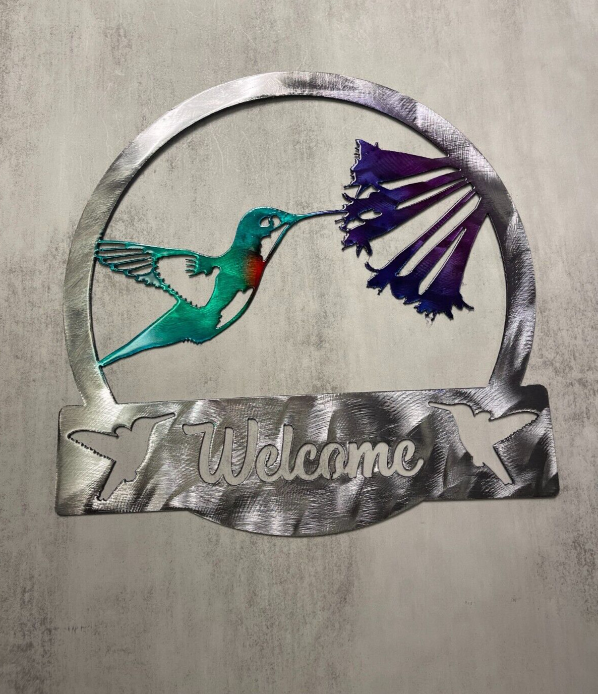 Hummingbird Welcome Sign Metal Wall Art Colored 12 3/4″ wide x 12 3/4″ tall