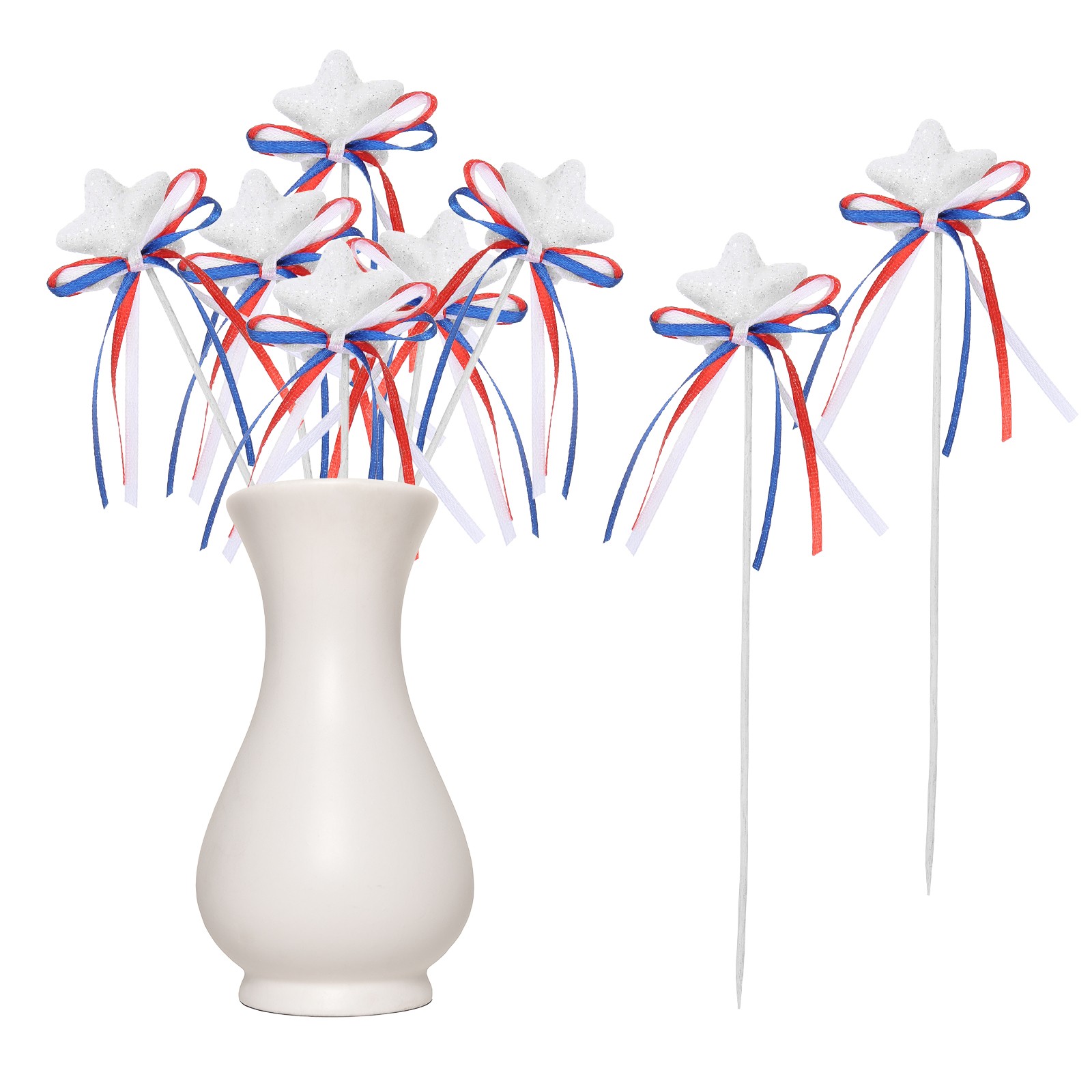 6 Pcs 4th of July Glitter Star Picks 8″ Sparkly Sticks with Bowknot (White)