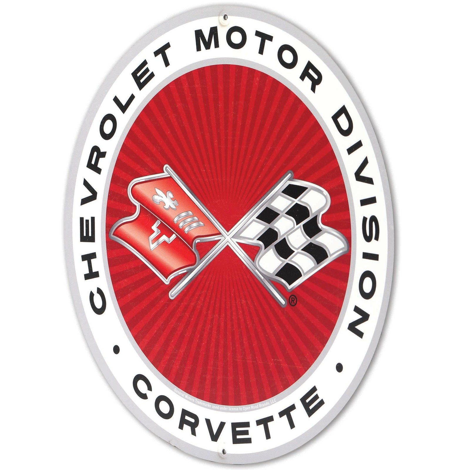 Chevrolet Motor Division Corvette Logo Round Metal Sign – Small, Red/White