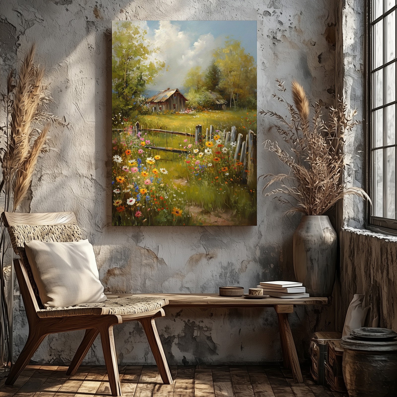 Rustic Country Landscape Canvas Wall Art Floral Meadow Barn Scene Decor Print