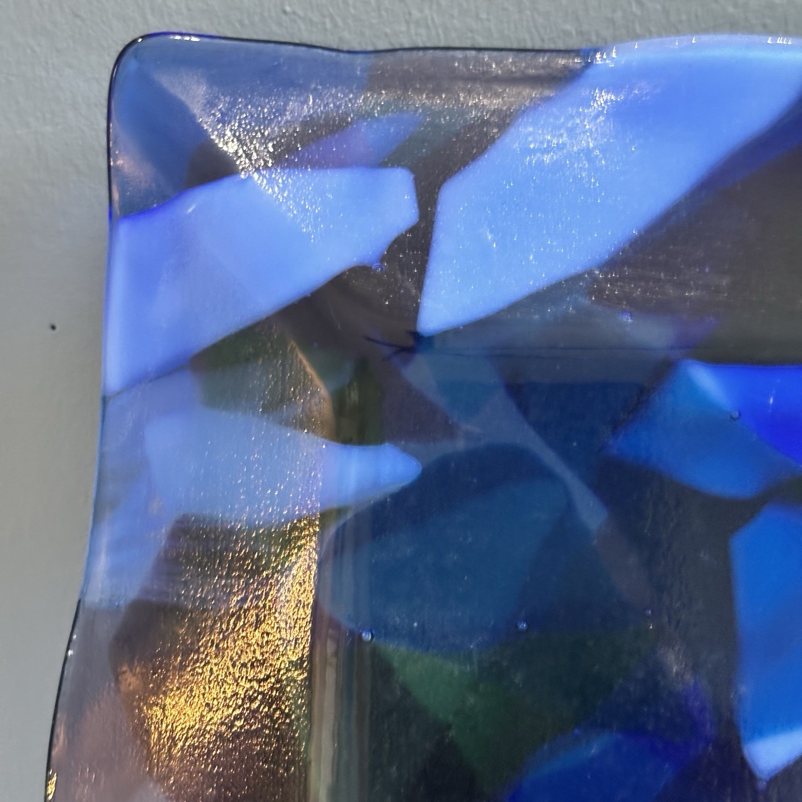 Heavy Blue Purple White Fused Art Glass Square Plate 10-1/4”