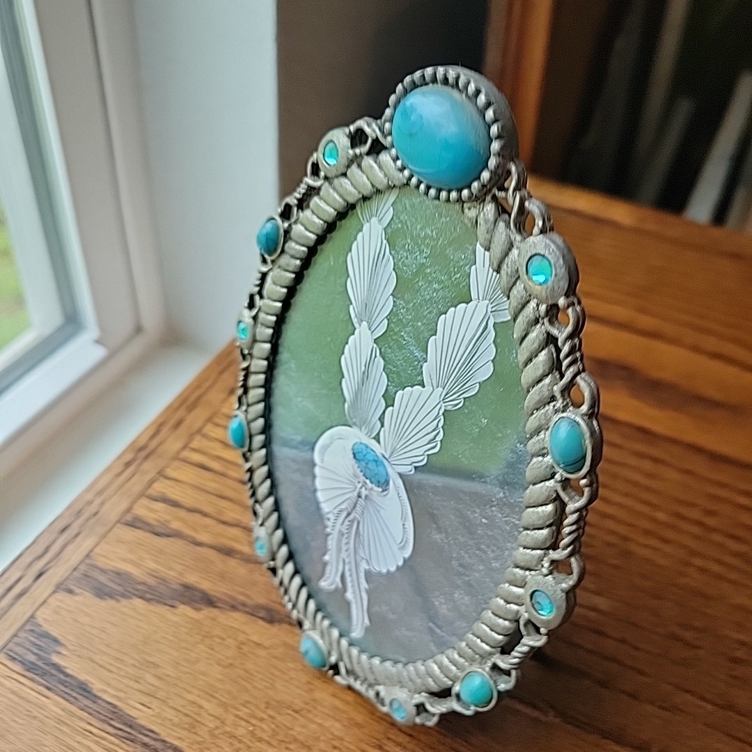 Photo Frame Silver Pewter Oval Faux Turquoise Open Work Standup Easel Rope SW
