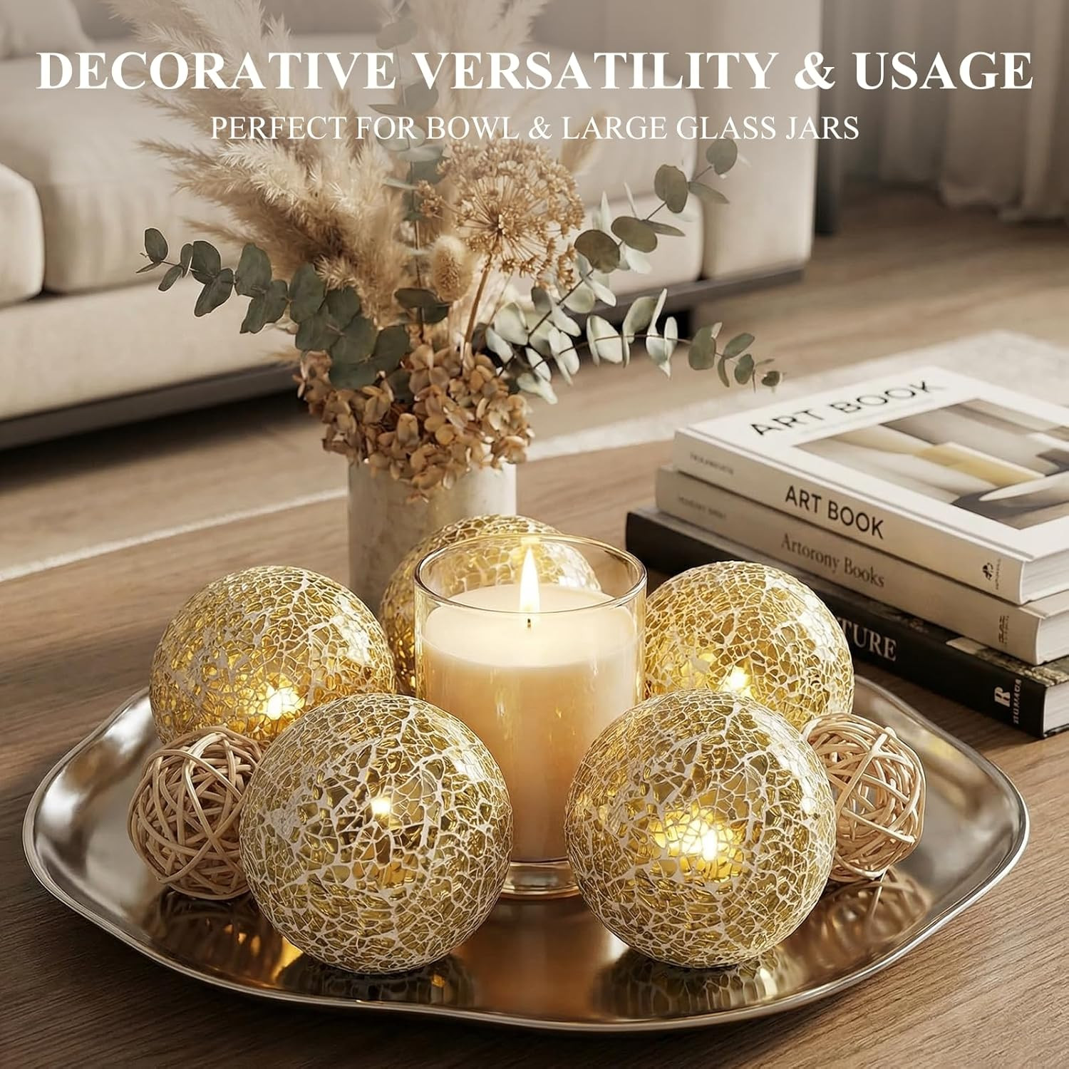 5PCS Decorative Balls for Bowls, 3 Inch Gold Orbs Glass Balls for Centerpiece Bo