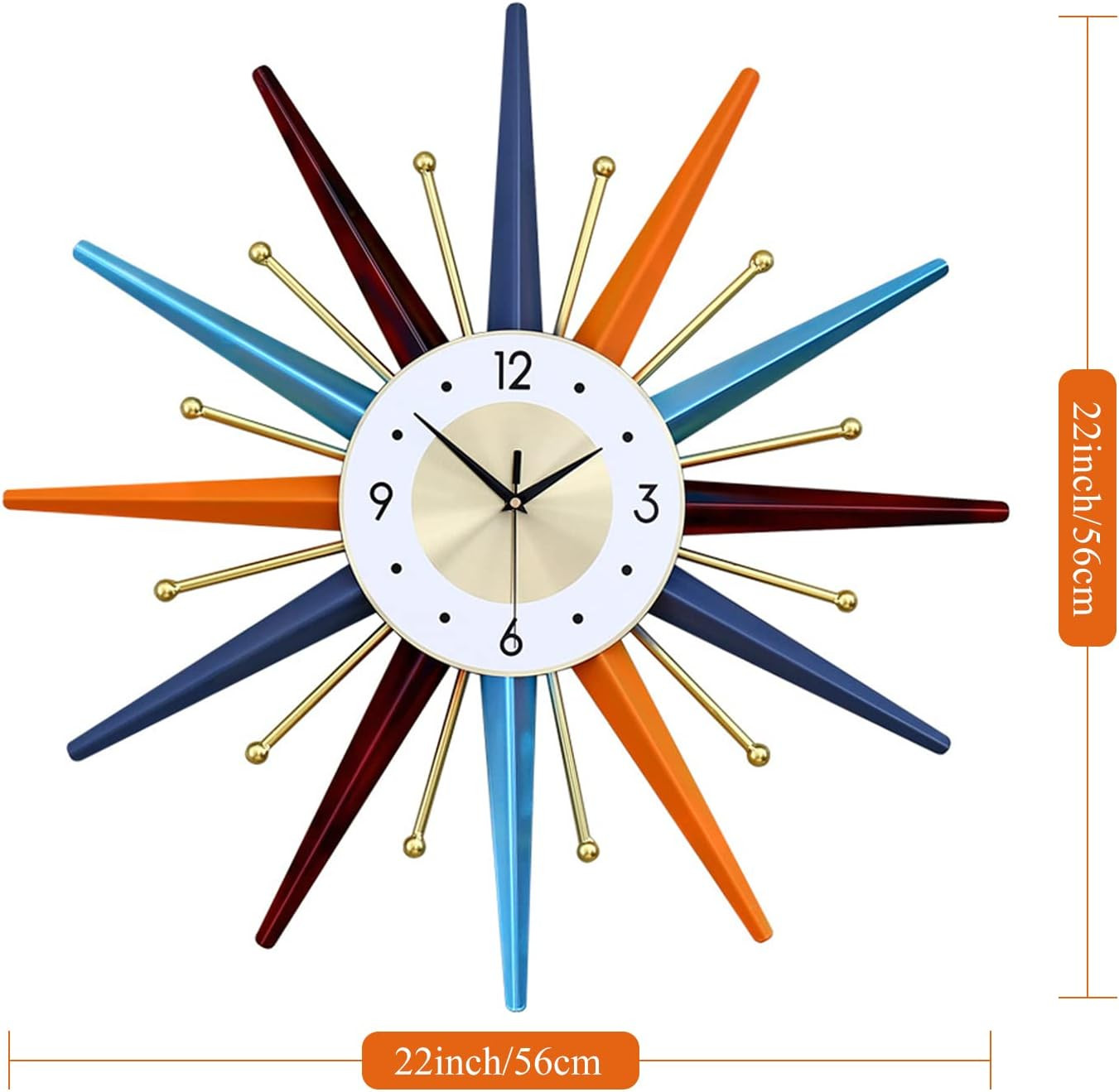 22″ Mid Century Modern Silent Wall Clock – Colorful Starburst Design Decor