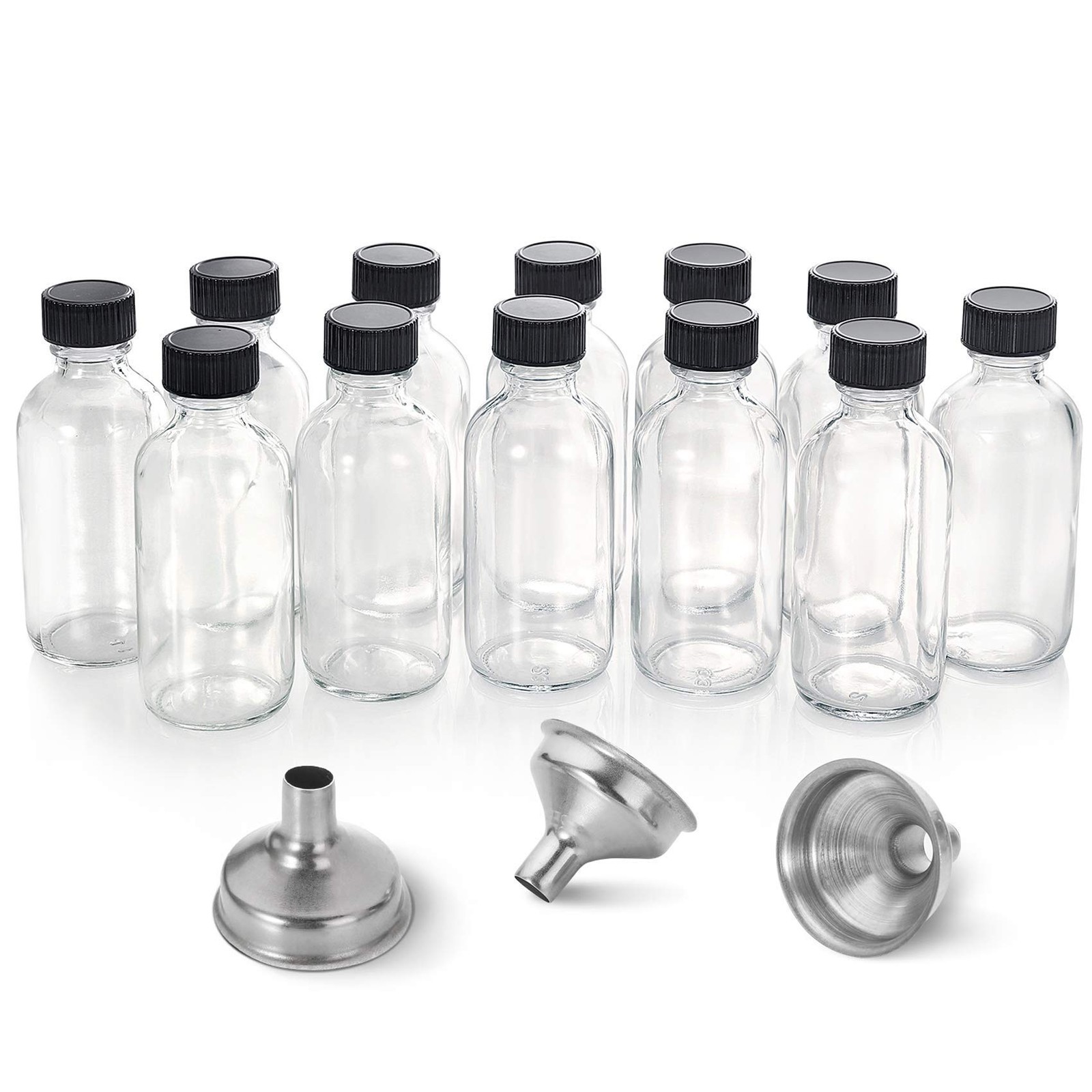 AOZITA 12 Pack, 2 oz Small Clear Glass Bottles w/Lid & 3 Funnels – 60ml