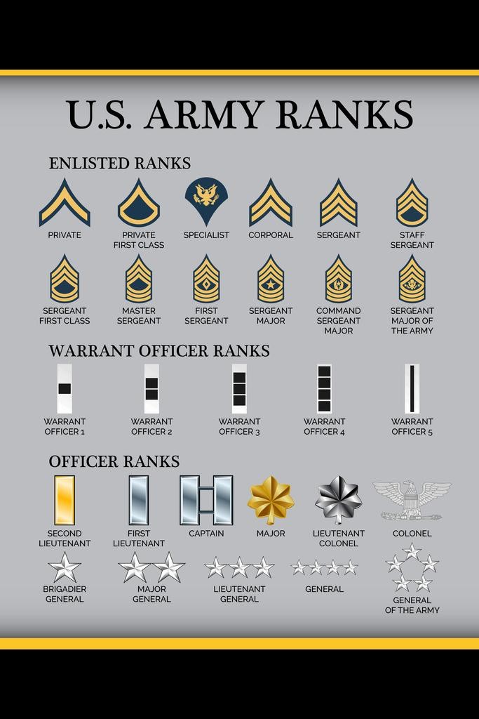 United States Army Rank Chart Reference Enlisted Officer Military Poster 24×36