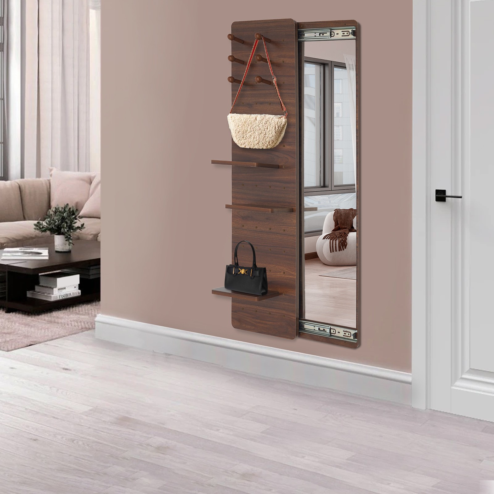 Wall-Mounted Full-Length Mirror with Pegboard, 3 Shelves & 6 Hooks Walnut