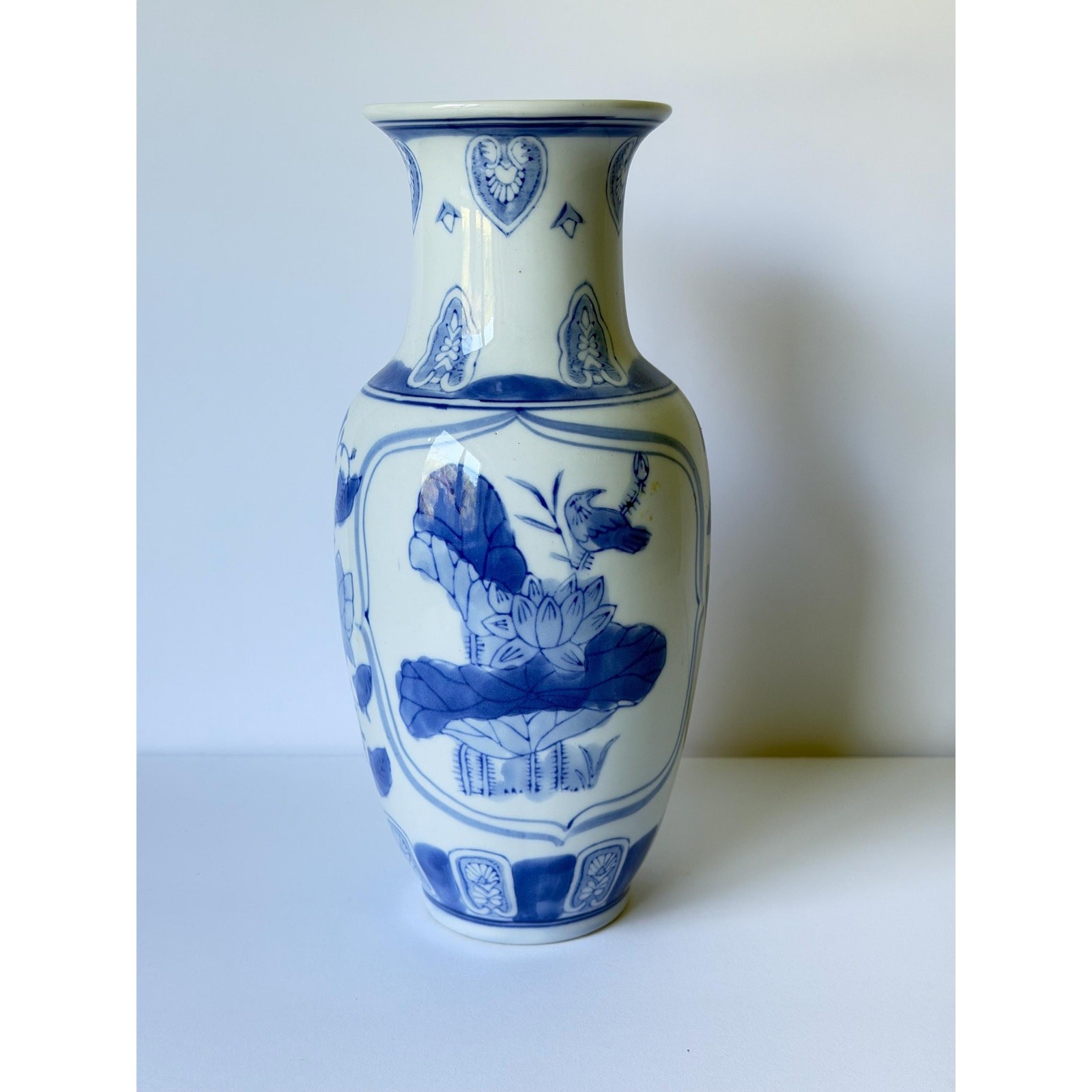 Vintage Blue & White Chinoiserie Vase | 10″ Porcelain Lotus Flower and Bird Vase