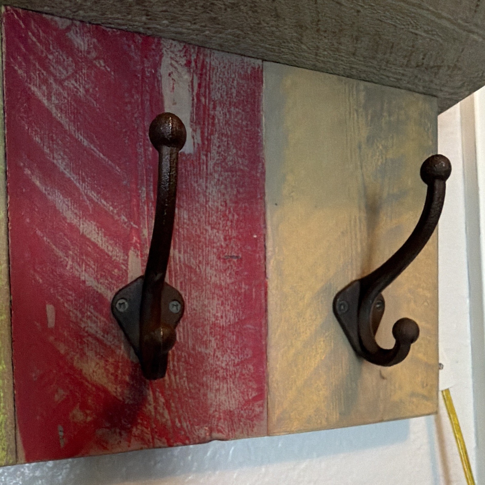 Rustic Colorful 29” Boho Shelf With 5 Cast Iron Coat Hooks