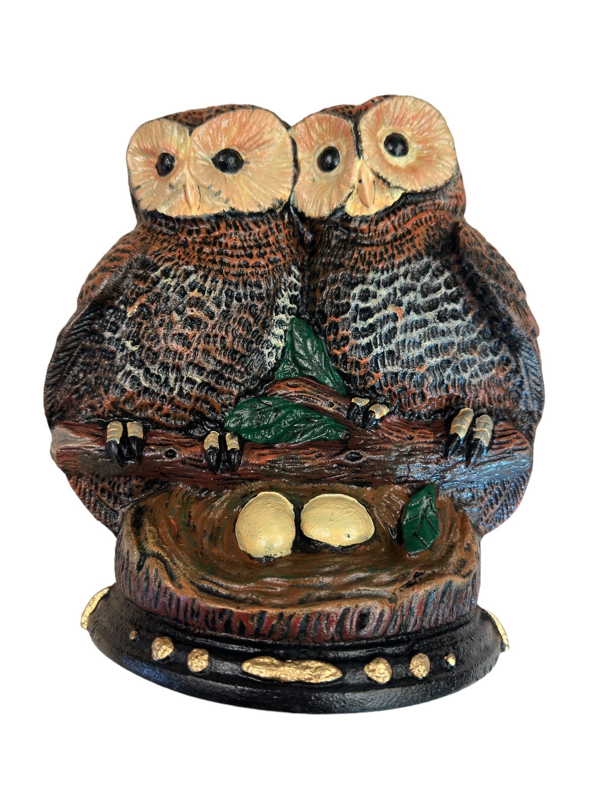 Vintage Upper Deck Solid Cast Iron Big Eyed Owls, Nesting Owls Doorstop