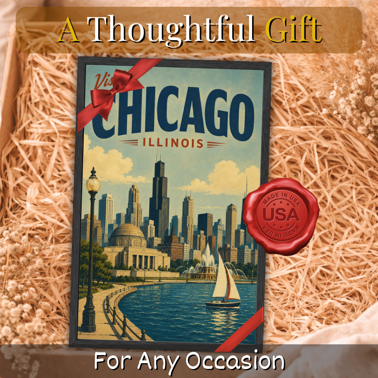 Framed 11×17 Vintage Chicago Travel Poster Illinois Skyline Wall Art Retro Style