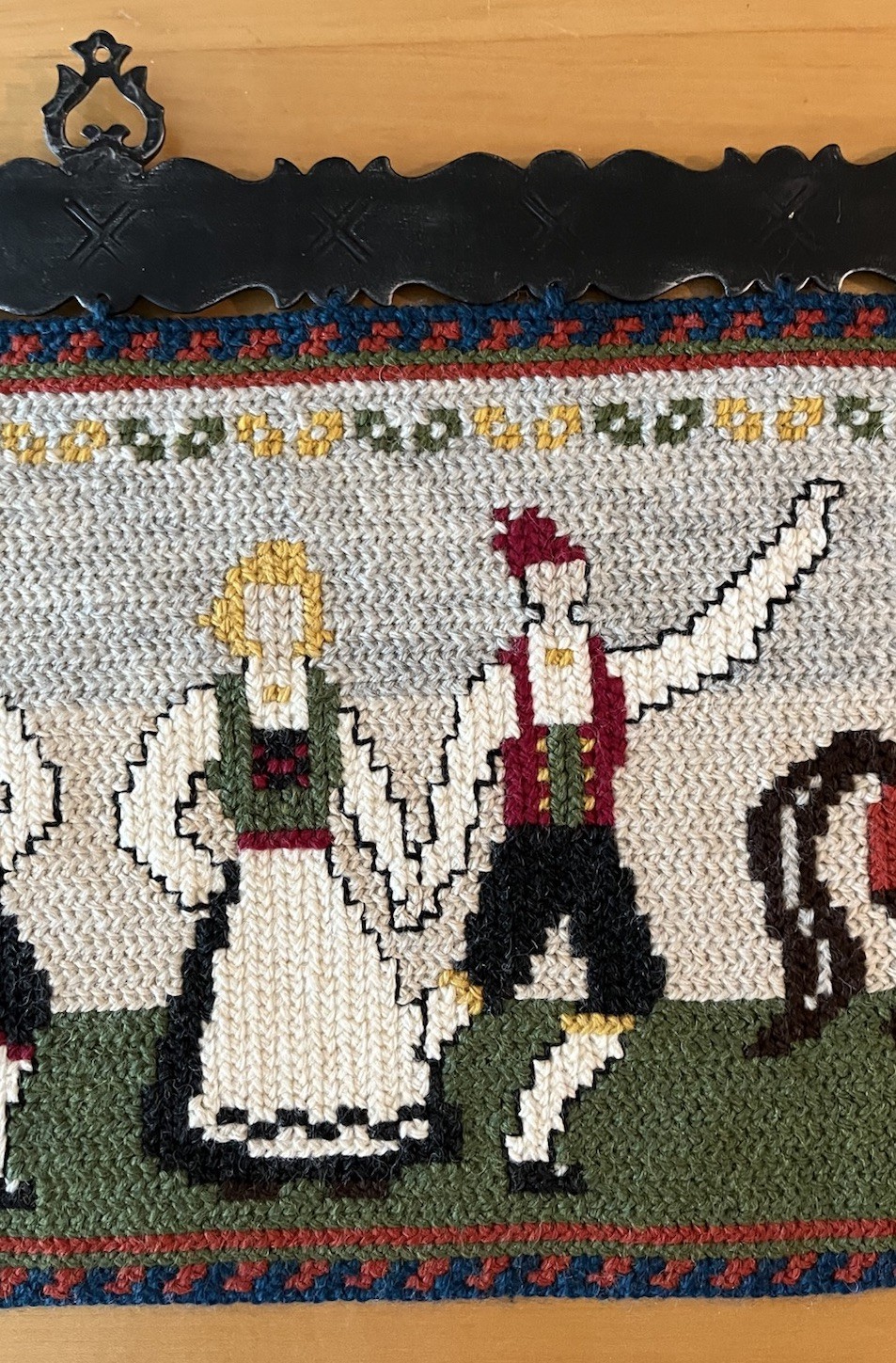 Norwegian Hand Embroidered Tvistsom Folk Art Tapestry 36in With Iron Hanger