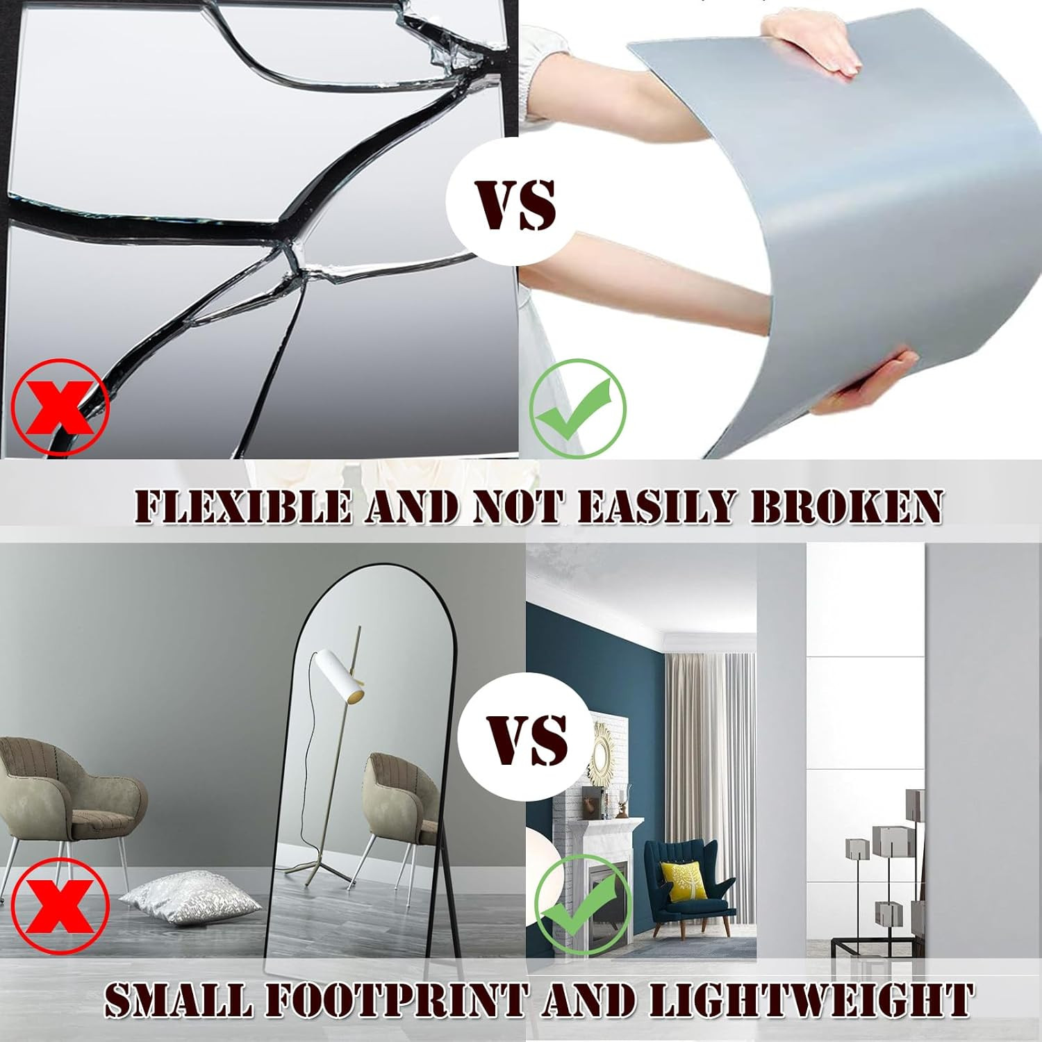 8×6 Inches Self Adhesive Acrylic Mirror Tiles 0.2mm Waterproof Flexible Mirror W