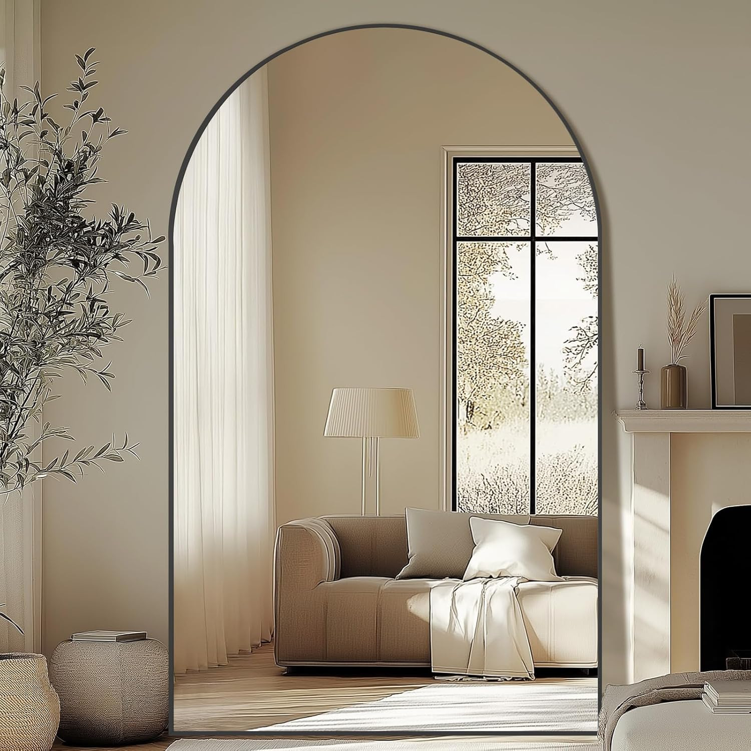 72″ Extra Large Arch Floor Mirror – Black Glass & Aluminum Frame