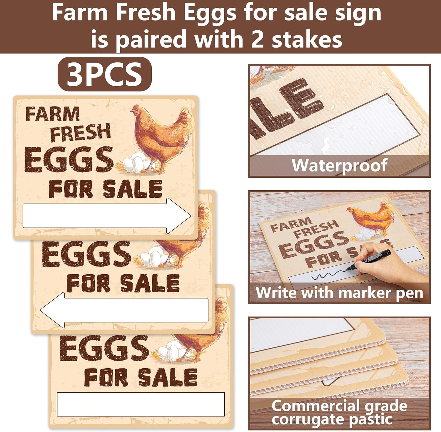 3Pcs Double Sided Farm Fresh Eggs Sign Eggs for Sale Sign Corrugated Plastic Fre