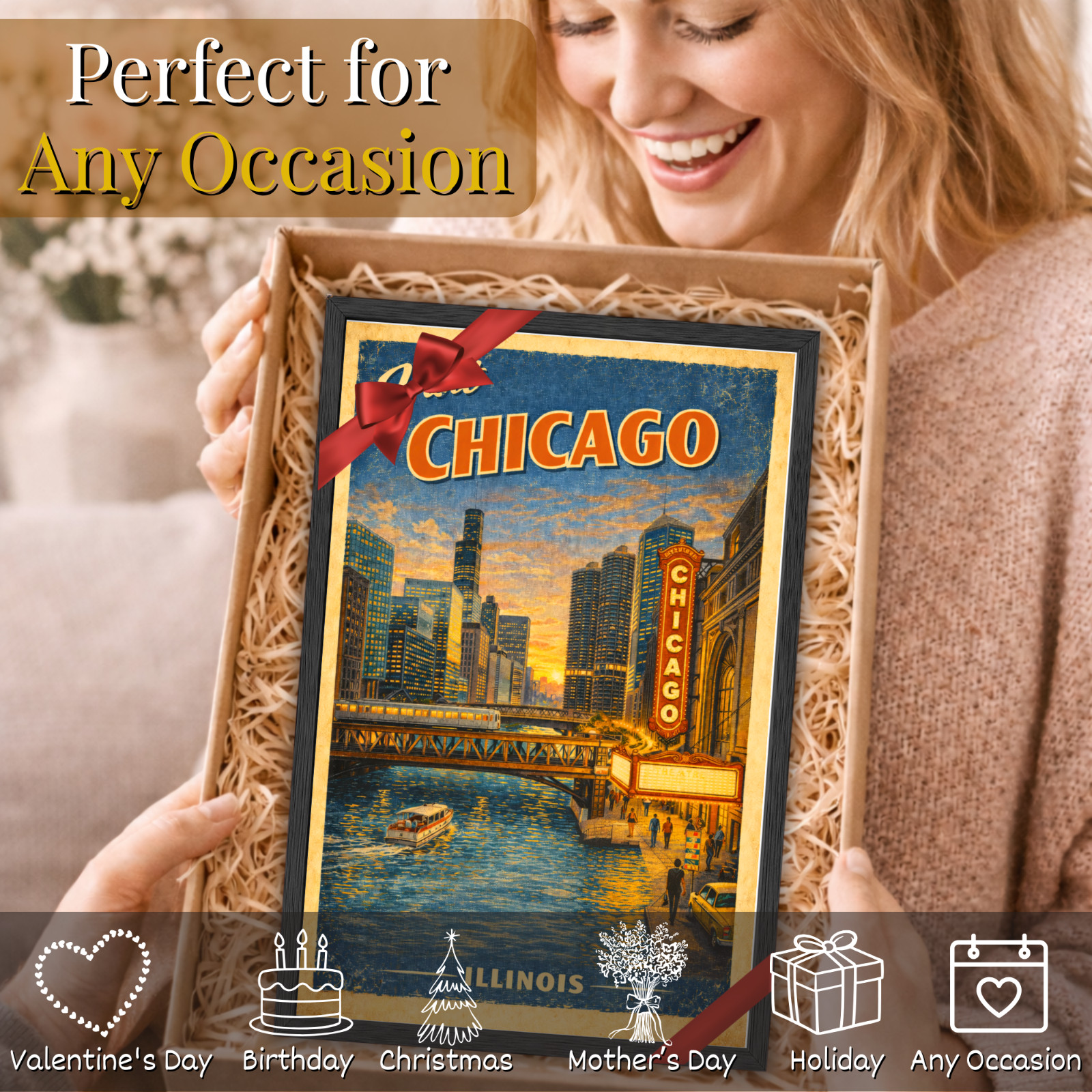 Chicago Illinois Vintage Travel Poster 11×17 Framed Retro Wall Art Decor Gift