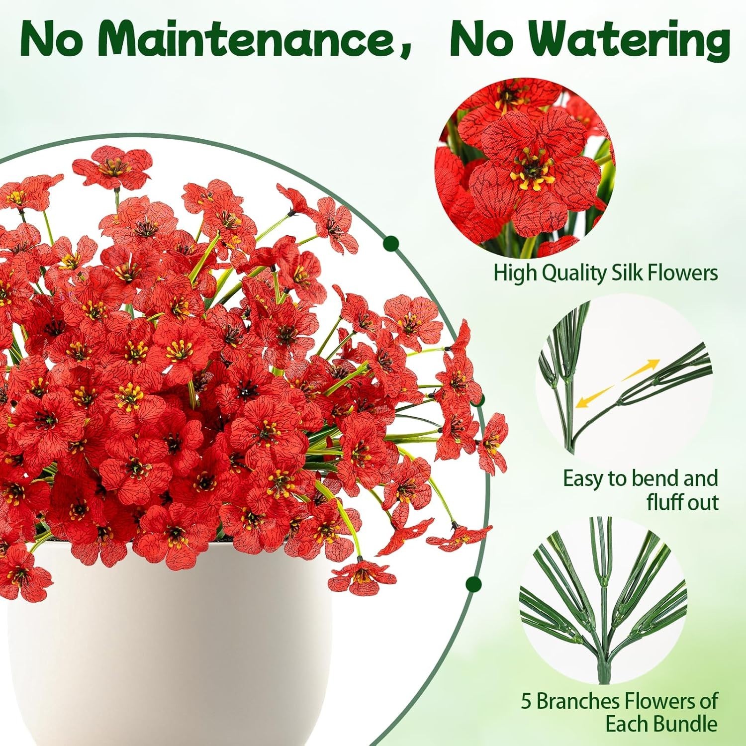 Ultra-Realistic Outdoor Faux Flowers – 12 Bundles, Easy Care & Customizable