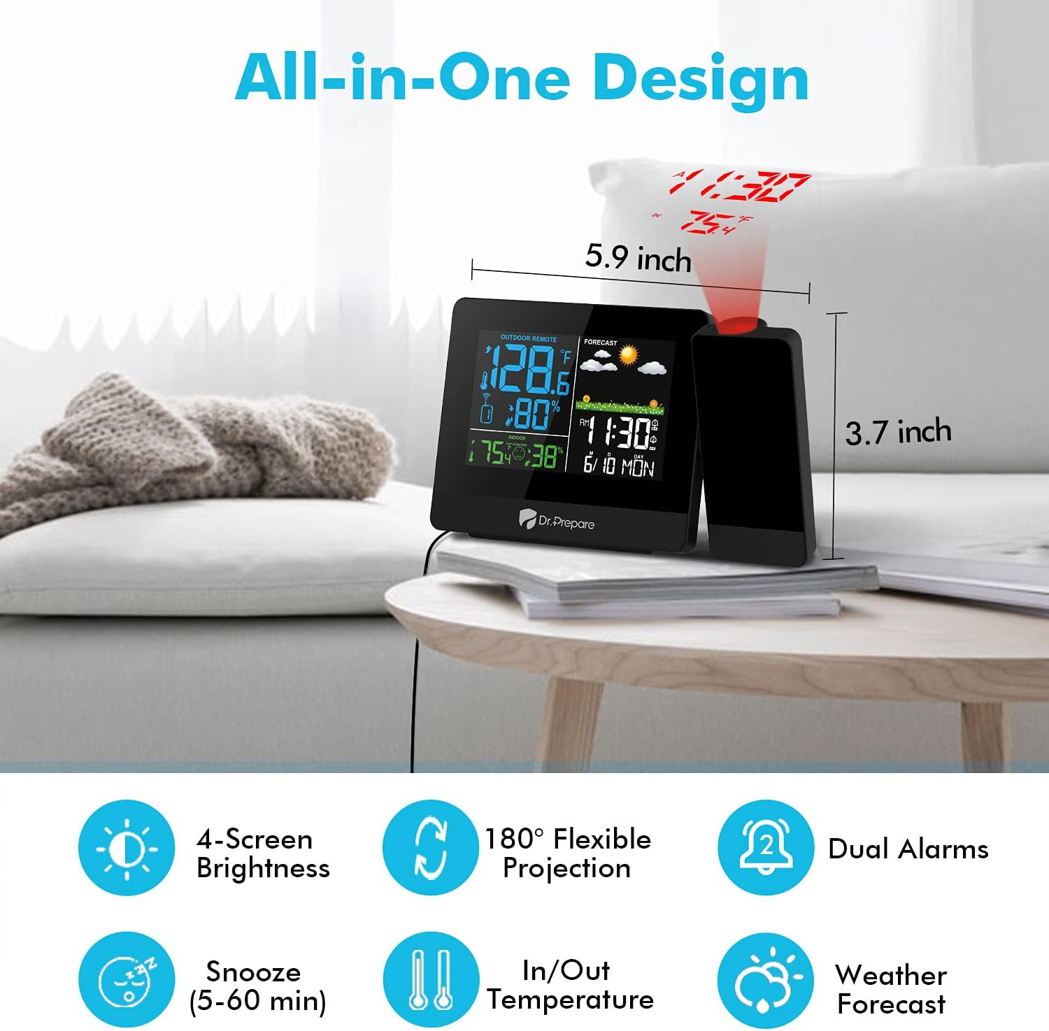 Projection Alarm Clock, Digital Clock Projector on Ceiling with Indoor/Outdoor T