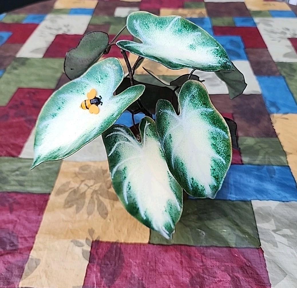 Vintage Enameled Metal Faux Variegated Alocasia Plant W Glazed Brown Pot *READ*