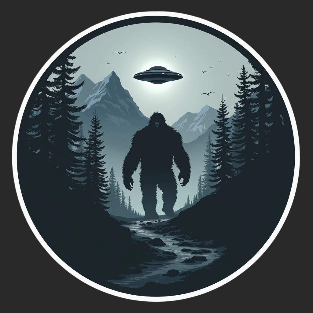 Bigfoot sticker vinyl decal unknown alien ufo cryptid forest path night