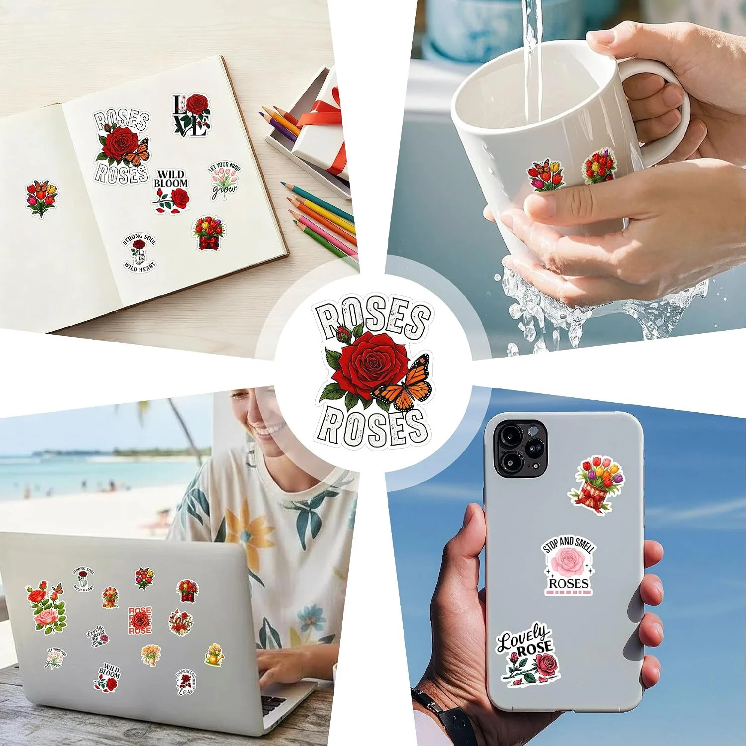 115 PCS Rose and Tulip Stickers Pack, Floral Watercolor Vinyl Waterproof Decals