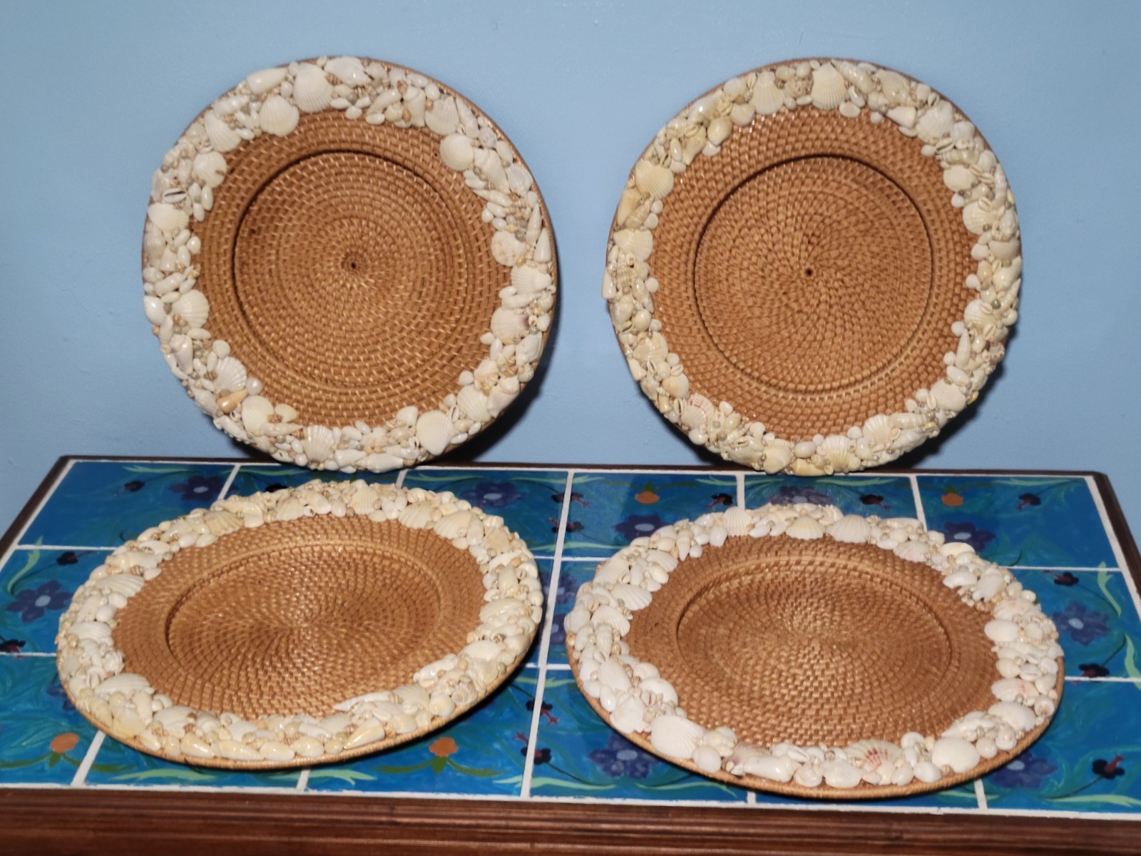Vintage 8 Pottery Barn Sea Shell Rimmed Rattan Charger Beach Hand Woven