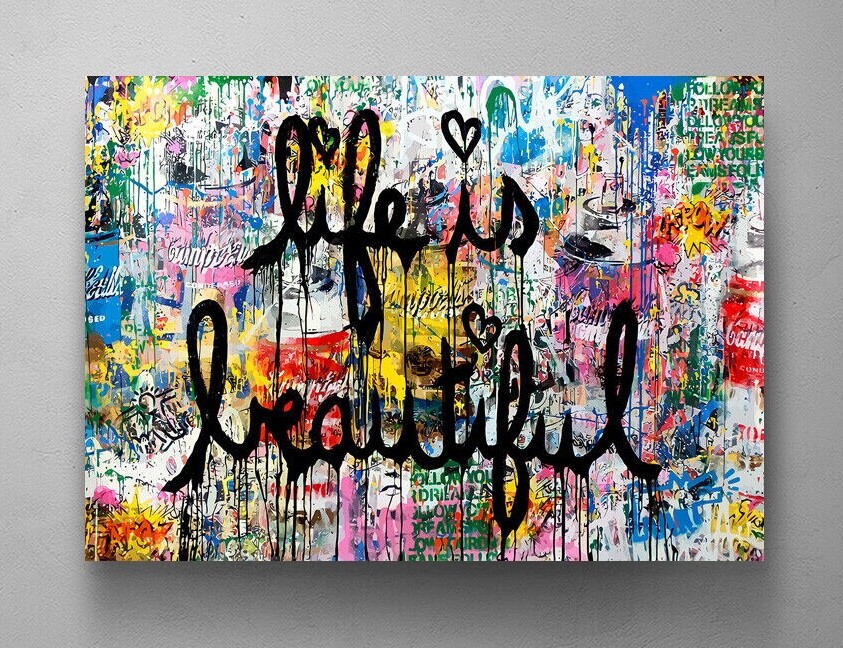 BANKSY Canvas Wall Art ” Life Is Beautiful ” Framed Canvas Wall Art Decor Print