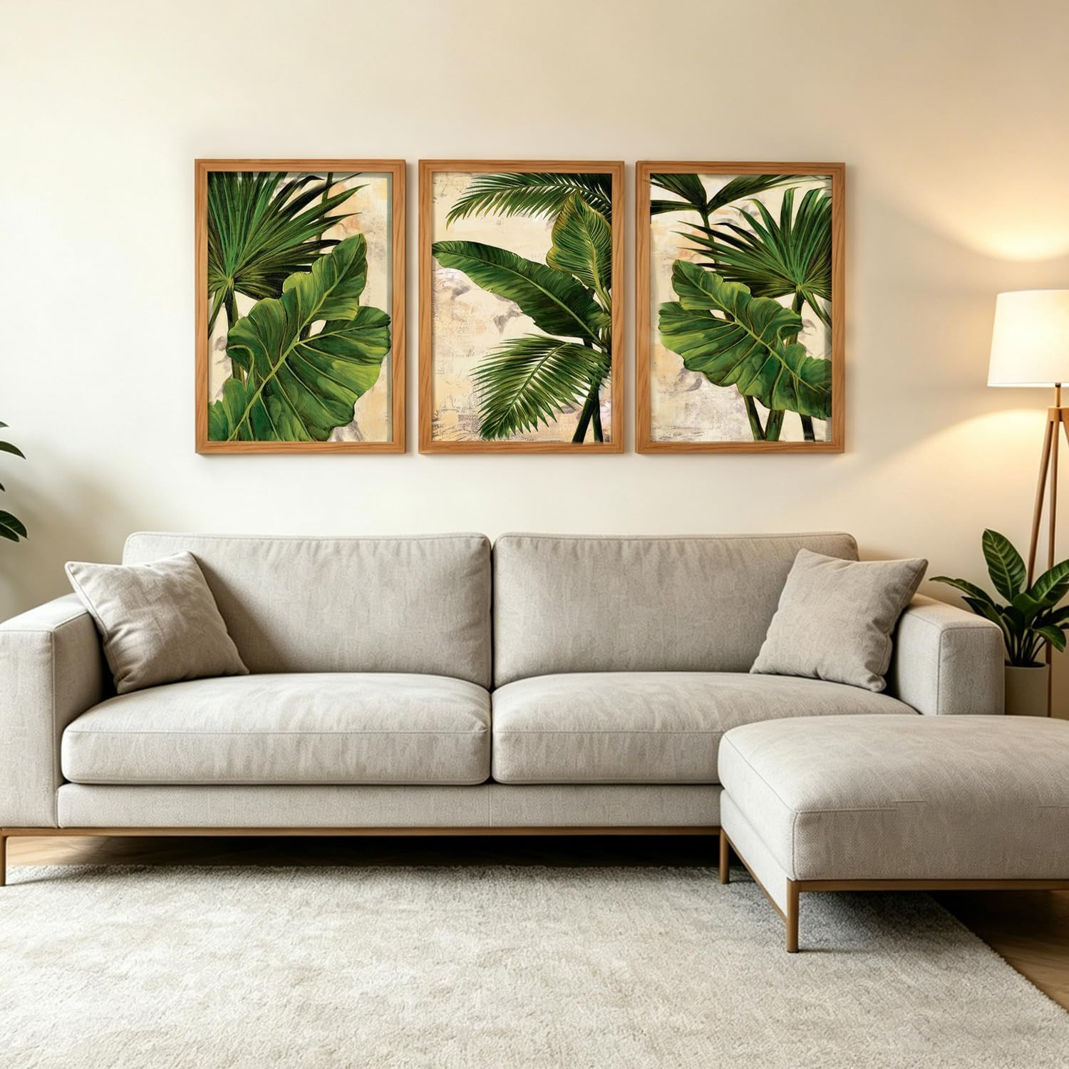 3 Pcs Tropical Palm Leaf Wall Art, Botanical Green Foliage Framed Canvas Paintin