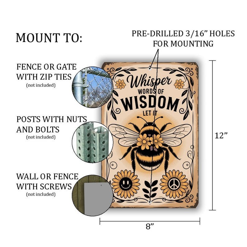 Whisper Words Of Wisdom Tin Metal Signs– Vintage Bumblebee Wall Art With Sunflow