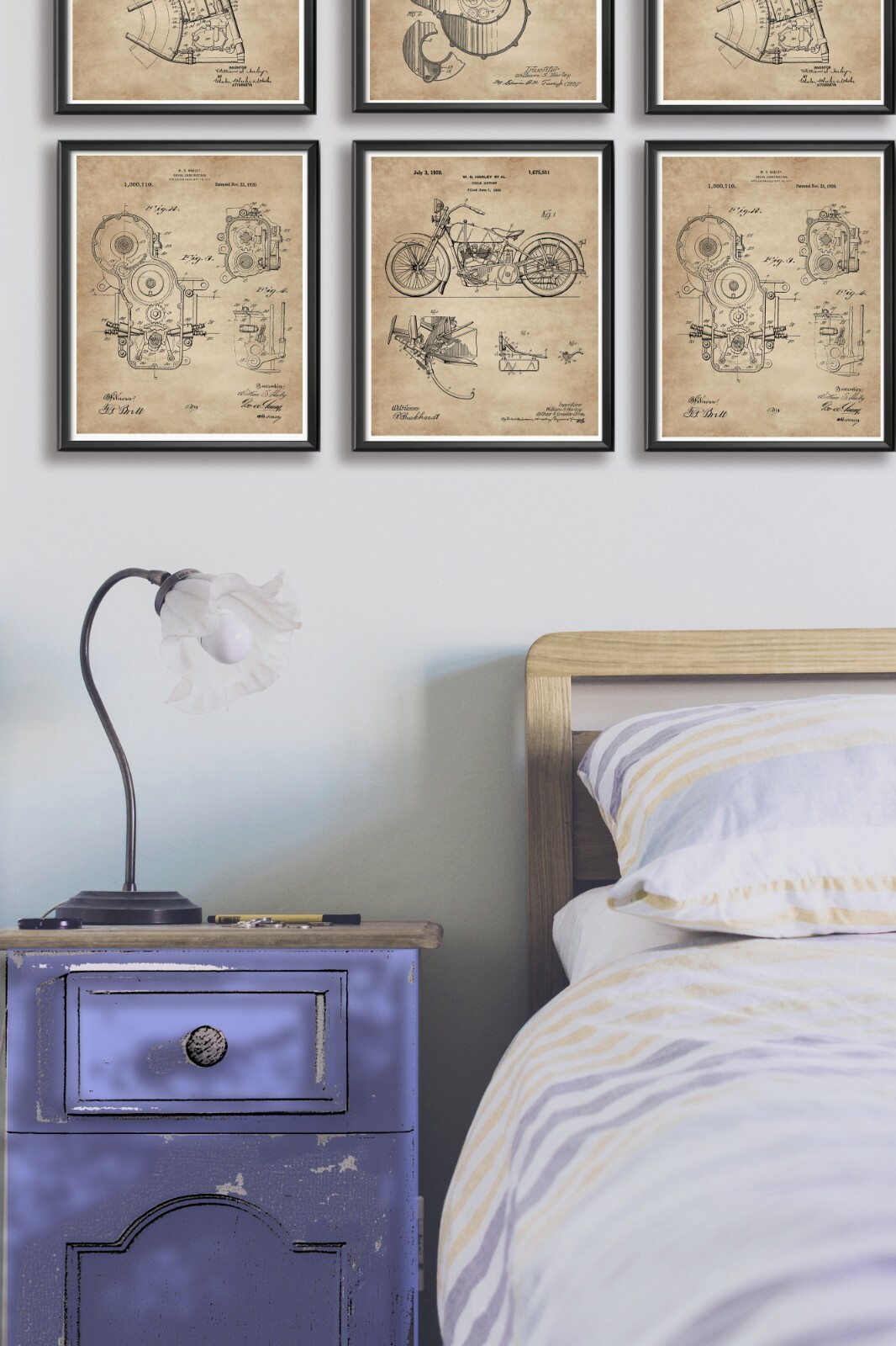 6 American Motorcycle Lovers Patent Art Prints Harley Davidson 8×10 in Wall Gift