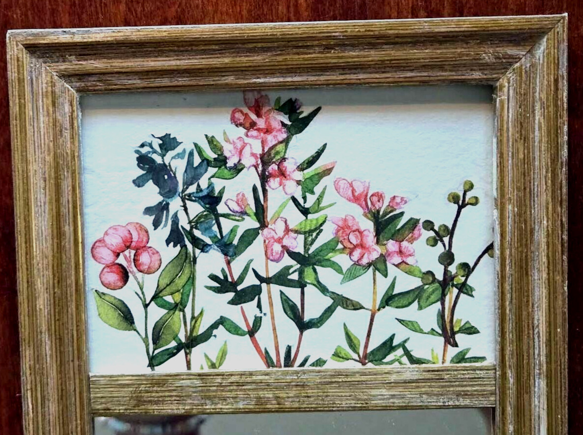 Mirror Small Rectangle Gold Frame 4-3/4″w x 11-1/4″h -Floral Decor Unique OOAK
