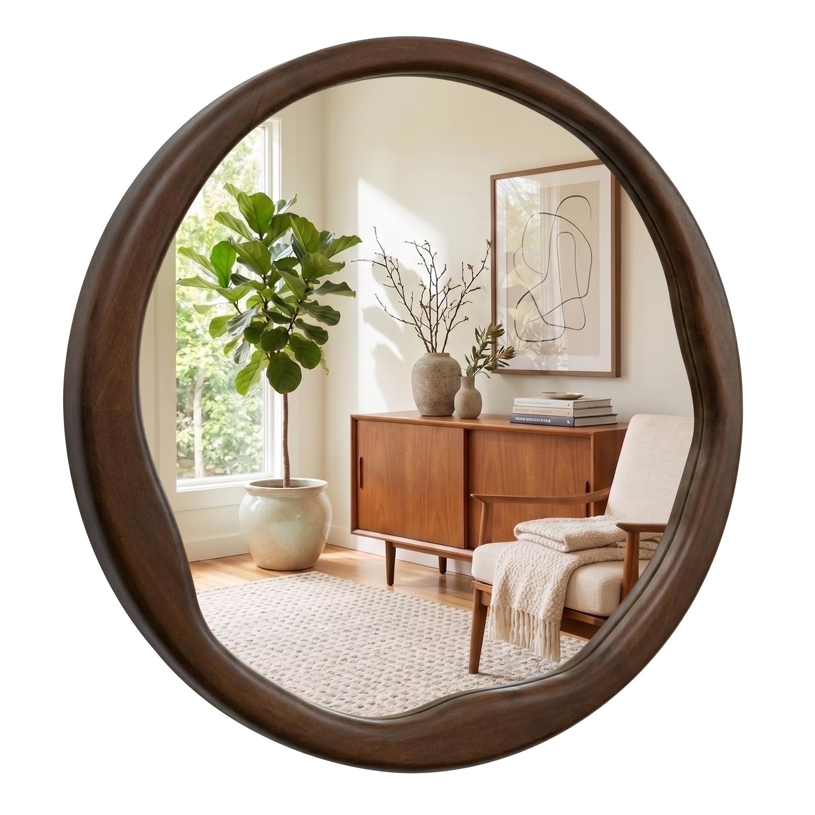 30″ Walnut Round Wall Mirror,Large Solid Wood Wavy Frame, Mid-Century for Living