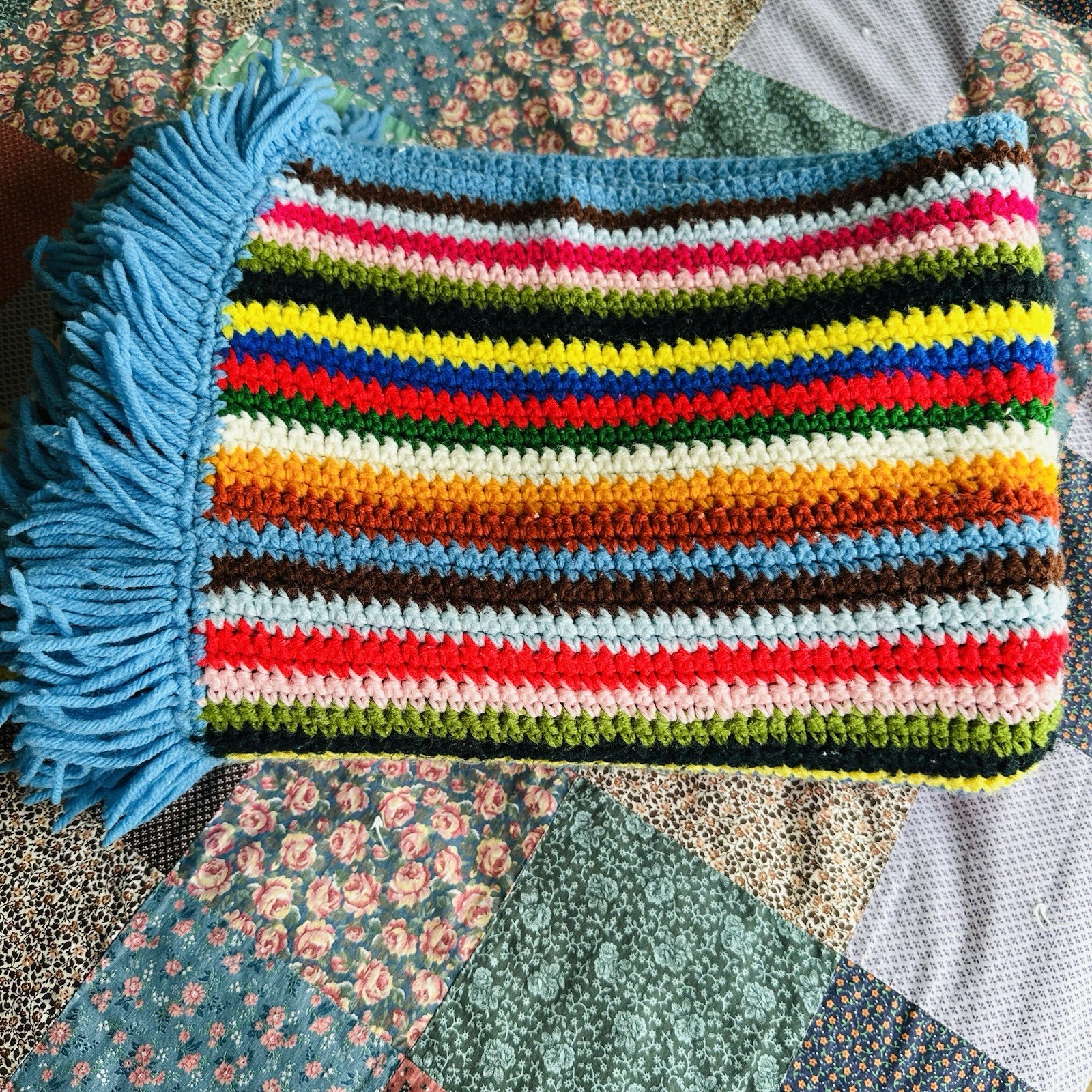 Handmade Crochet Afghan Throw Blanket Multicolor Rainbow Striped Blue Fringe