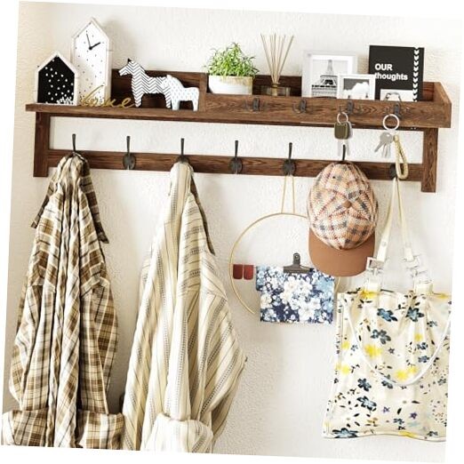 Coat Rack Wall Mount, 35 inch Large Wall Hooks with Shelf, 35″ L Brown