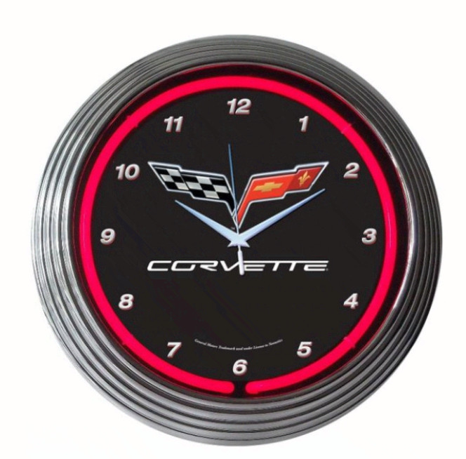 Corvette C6 Neon Wall Clock Red Light Garage Decor Chevy Logo Sign 15 Inch