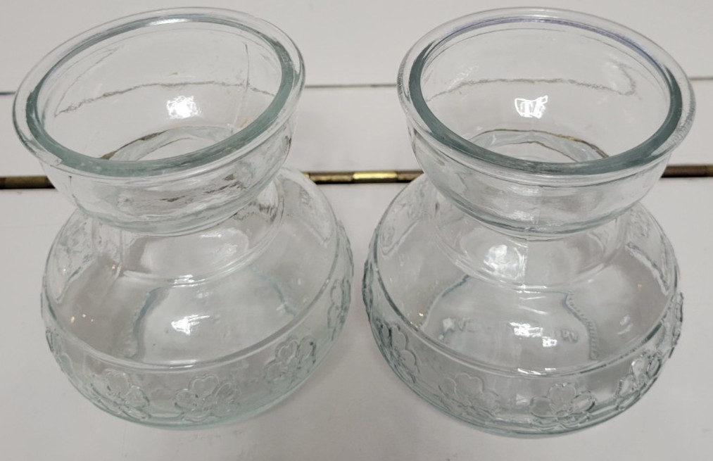 3 CLEAR GLASS ROUND VASES EMBOSSED WITH 4 LEAF CLOVERS 4 INCHES