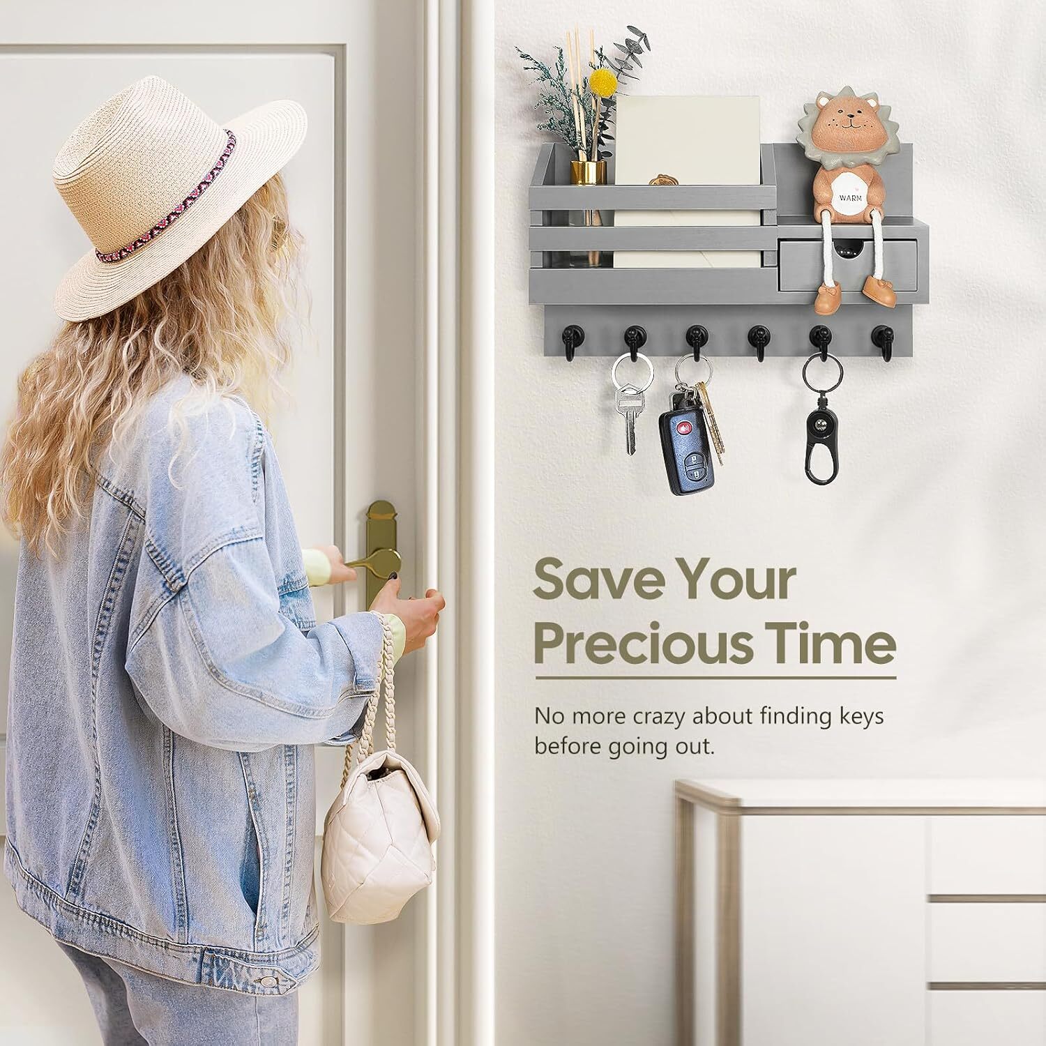 Key and Mail Holder for Wall Mail Organizer Wall Mount with 6 Hooks and Storage