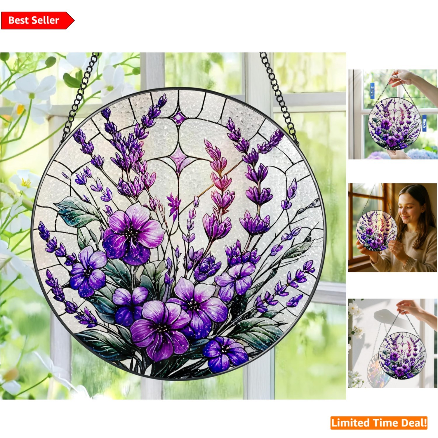 Artistic 8-Inch Floral Stained Glass Suncatcher – Home Decor for All Occasions