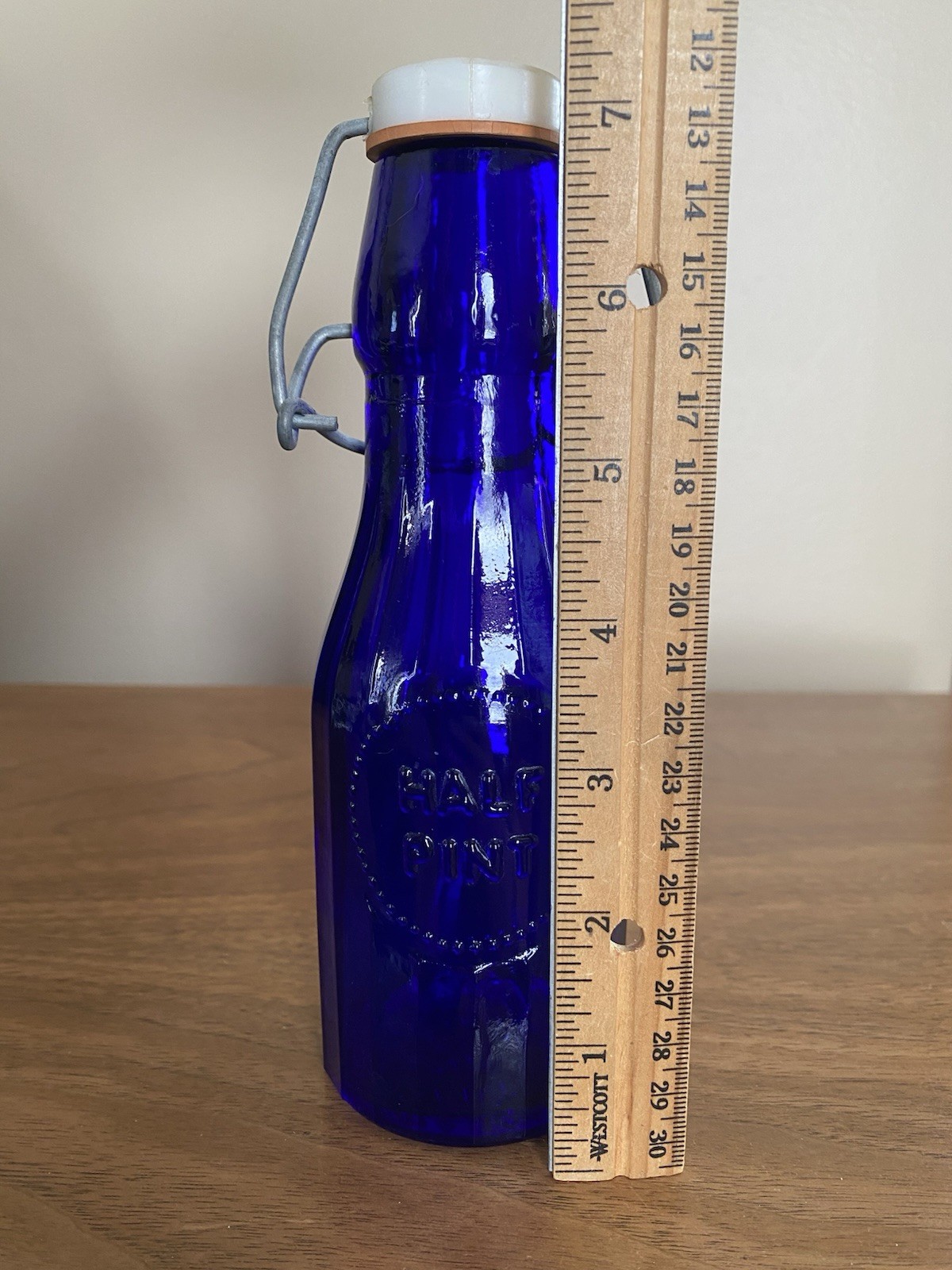 Vtg Cobalt Blue 1/2 Pint Bottle W/ Bail Lid Made in Italy Crownford China 1967