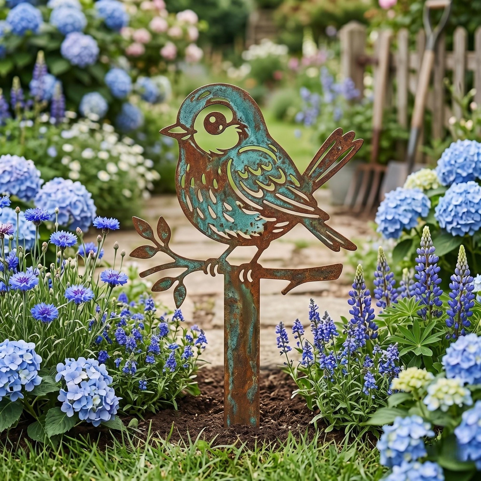Metal Bird Garden Screen, Rustic Outdoor Stake, Animal Yard Art