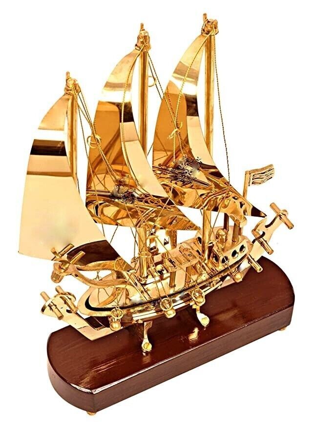 12″ Brass Ship with Wooden Base, Showpiece Item, Perfect for Home Decor & Gift