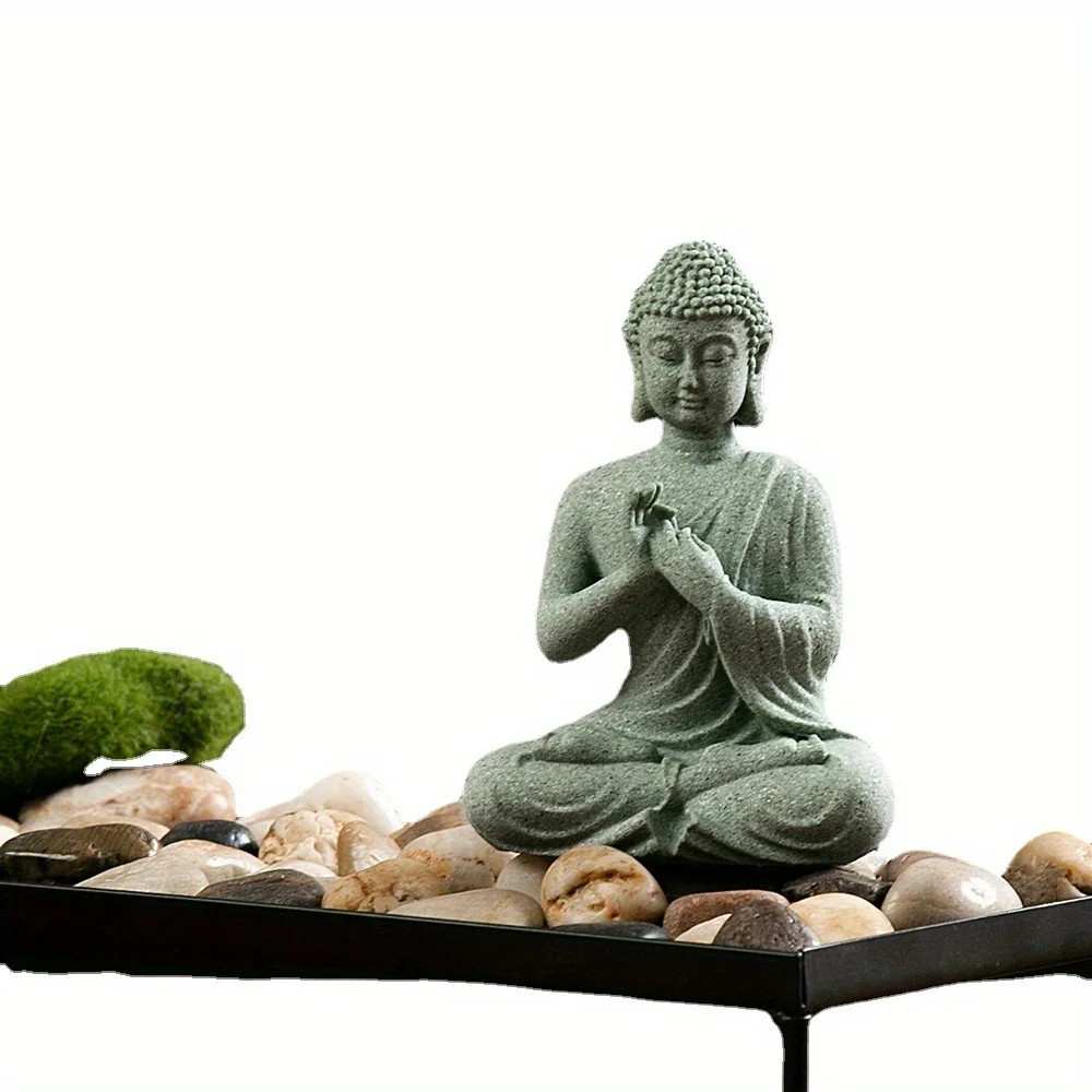 Mini Buddha Statue Garden Fish Tank Decor Zen Figurine Green Sandstone