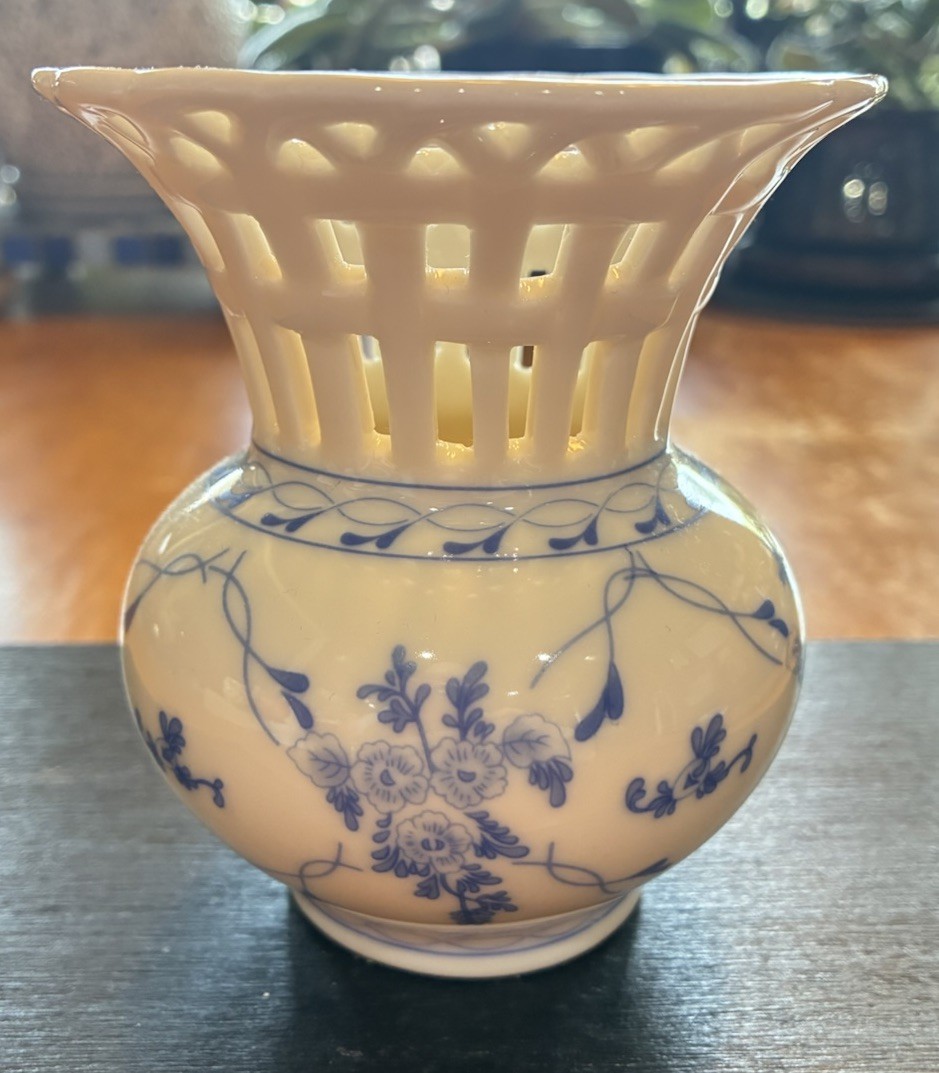 Skye McGhie Rose Brocade Porcelain Vase w Blue White Flowers