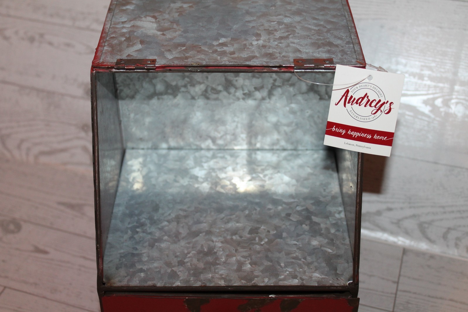 Audrey’s Farmhouse Red Metal Distressed Counter Storage Bin Country Farm NEW